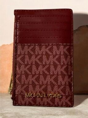 Michael Kors Burgundy MK Logo Card & Key Zip Holder